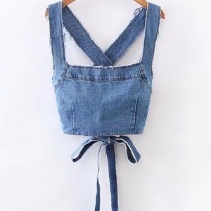 FRAYED DETAIL CRISS CROSS DENIM TOP Brand New